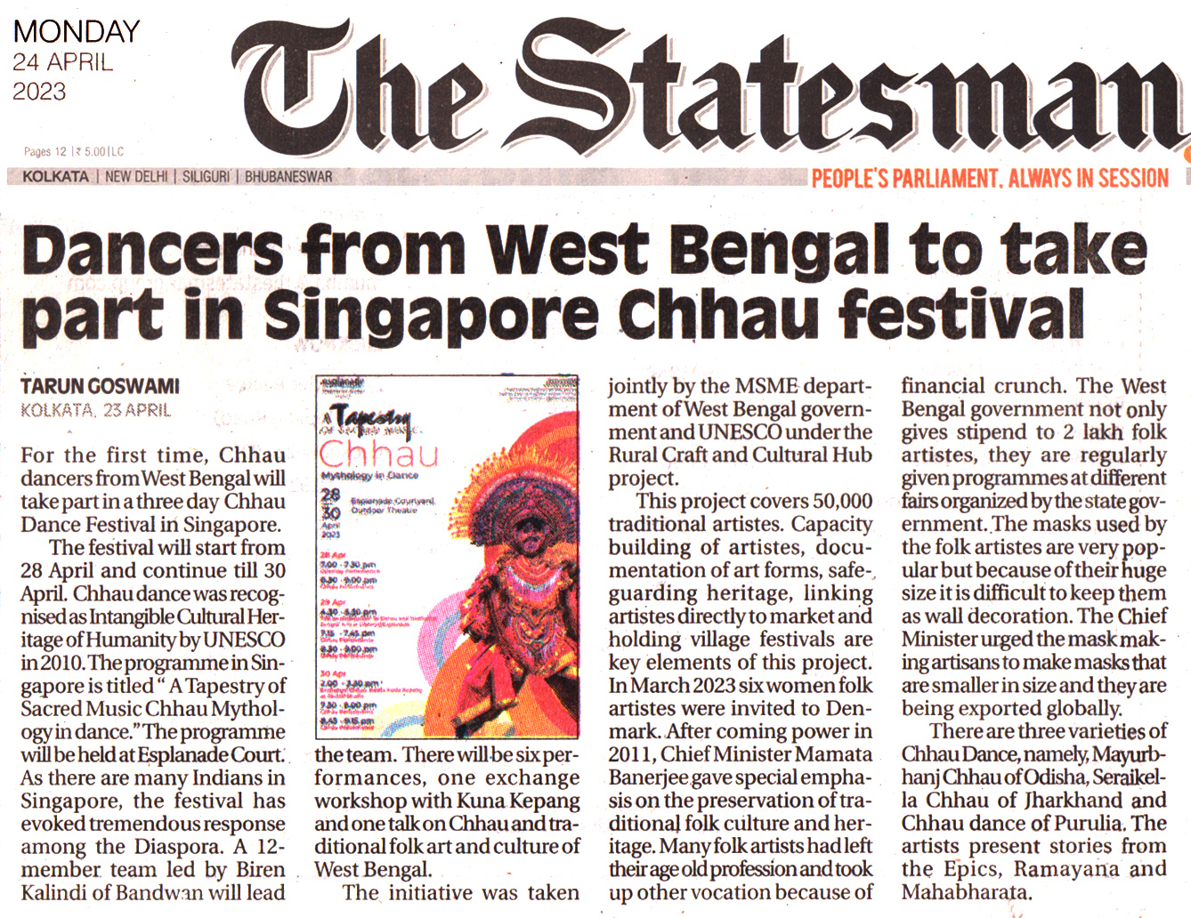 News clippings_Dancers from West Bengal to take part in Singapore Chhau festival_The Statesman 24-04-2023